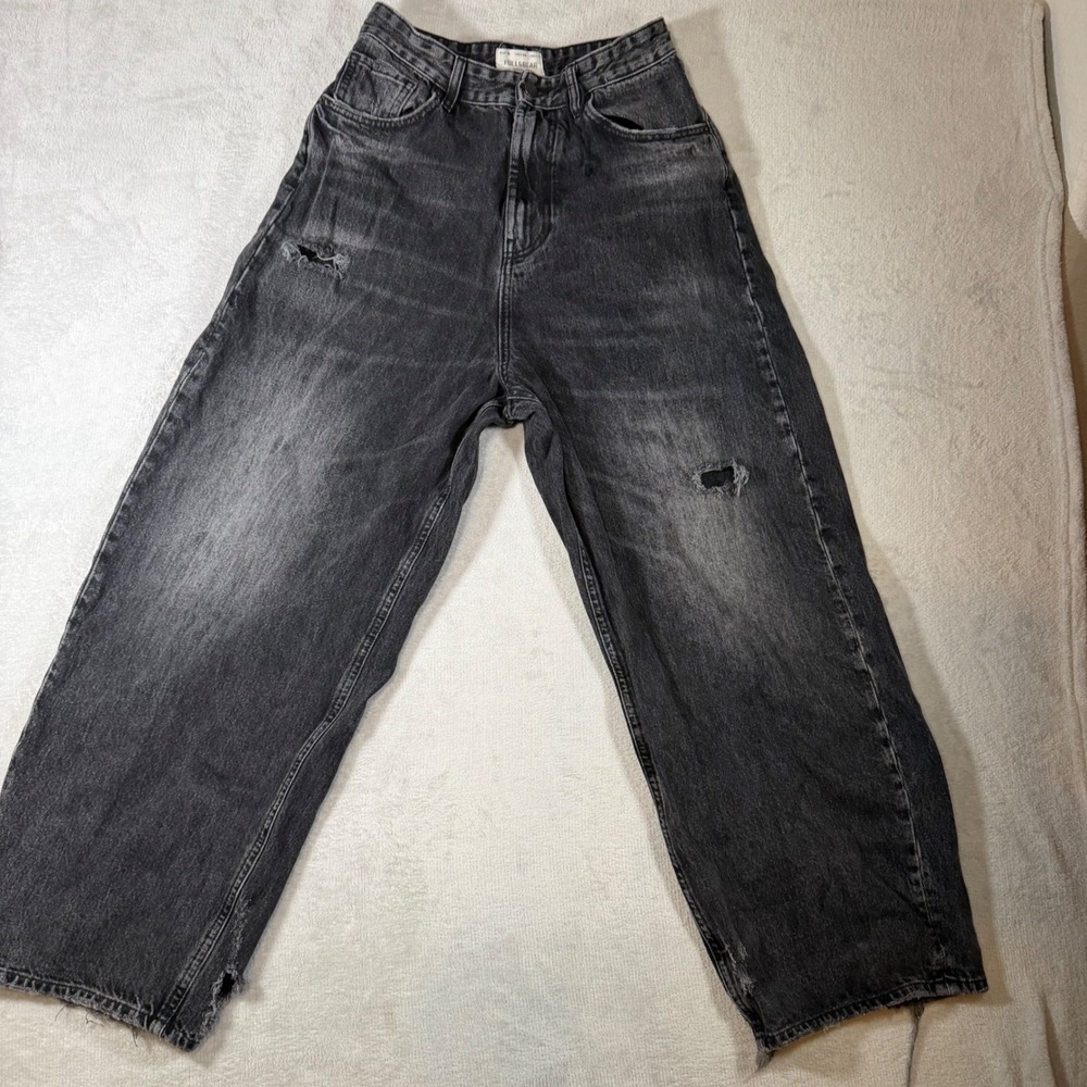 Pull&Bear Wide Leg Distressed‎ Jeans Washed Black Baggy High Waist EUR 36 USA 28